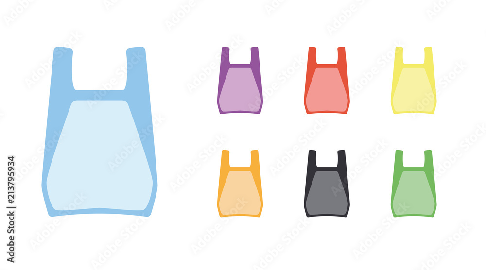 Coloured plastic bags icons set. Disposable cellophane package signs,  packets with handles, flat style. Blue, red, violet, yellow, orange, black,  green colours. Vector illustration isolated. Stock Vector | Adobe Stock