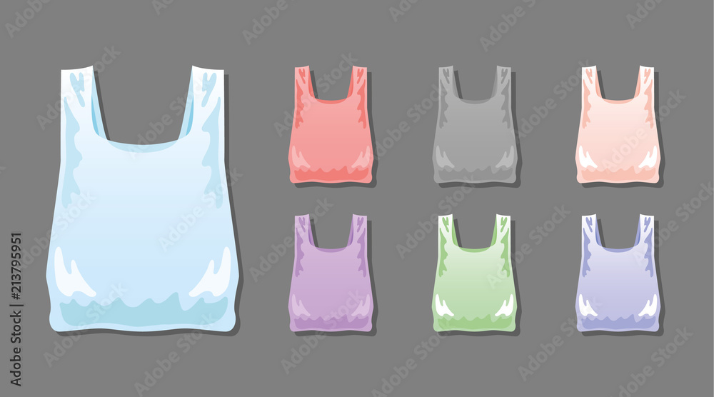 Coloured plastic bags set. Collection of disposable cellophane package, cartoon style. Blue, red, violet, black, pink, green colours. Vector illustration isolated. Coloured plastic bags set. Collection of disposable cellophane package, cartoon style. Blue, red, violet, black, pink, green colours. Vector illustration isolated.