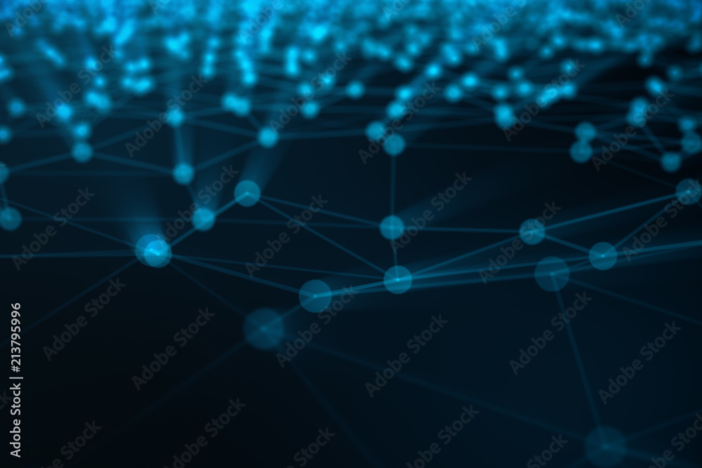 Abstract background of lines and dots, low poly mesh. Internet connections technology. Concept of neural connections transmitting signals between artificial neural connections. 3D illustration Abstract background of lines and dots, low poly mesh. Internet connections technology. Concept of neural connections transmitting signals between artificial neural connections. 3D illustration