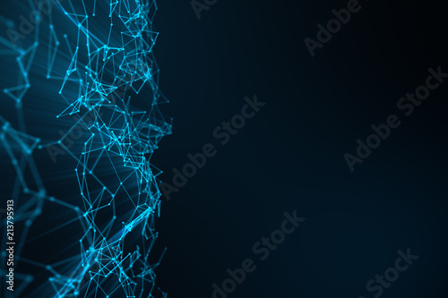 Abstract background of lines and dots, low poly mesh. Internet connections technology. Concept of neural connections transmitting signals between artificial neural connections. 3D illustration