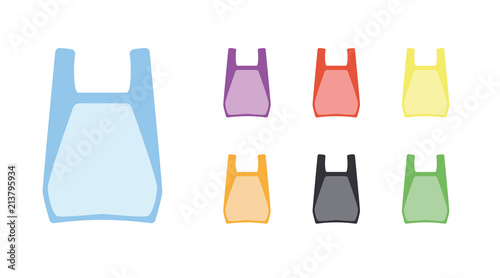 Coloured plastic bags icons set. Disposable cellophane package signs, packets with handles, flat style. Blue, red, violet, yellow, orange, black, green colours. Vector illustration isolated.