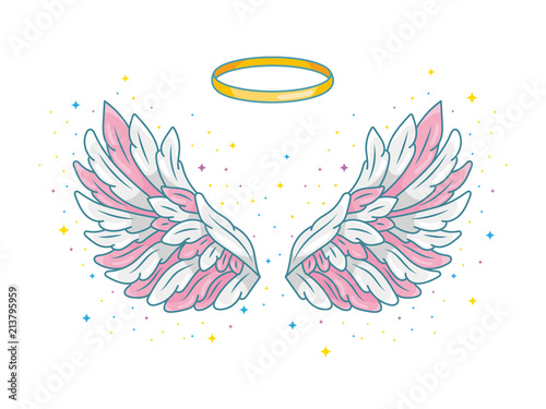 A pair of wide spread angel wings with golden halo or nimbus. Pink, grey and white feathers with sparkling stars. Magic fantasy concept. Vector illustration isolated on white.