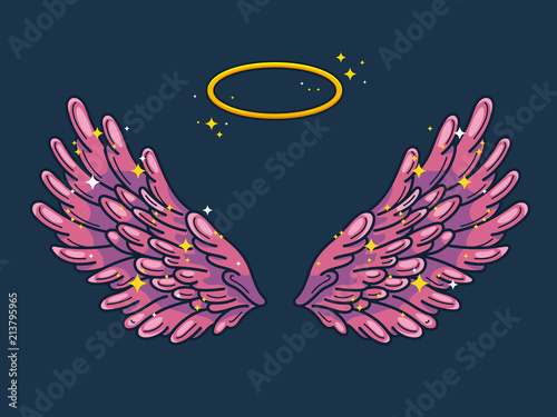 A pair of wide spread angel wings with golden halo or nimbus. Pink and violet feathers with sparkling stars on dark background. Magic fantasy concept. Vector illustration