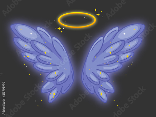 A pair of wide spread angel wings with golden halo or nimbus.Violet feathers with sparkling stars and glowing effect.Magic fantasy concept.Vector illustration