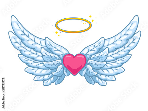 A pair of wide spread angel wings with golden halo or nimbus and red heart in the middle. Blue and white feathers. Love and Valentine day symbol. Vector illustration