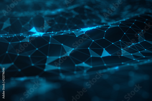 Abstract background of lines and dots, low poly mesh. Internet connections technology. Concept of neural connections transmitting signals between artificial neural connections, 3D illustration