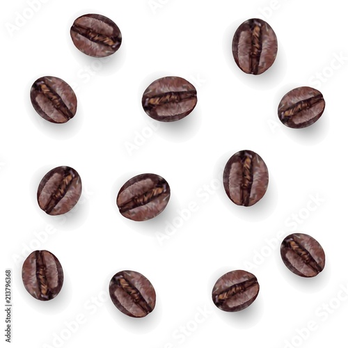 Coffee beans, roasted coffee beans. Vector realistic set isolated on white background.