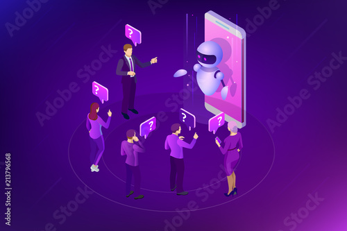 Isometric artificial intelligence. Chat bot and future marketing. AI and business IOT concept. Mans and women chatting with chatbot application. Dialog help service. Vector illustration.