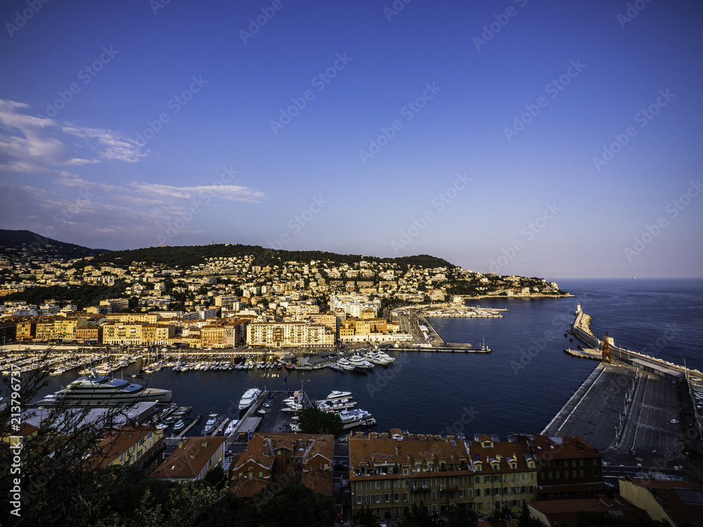 skyline of coastal town of Nice in France during sunset time
