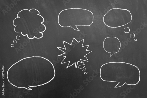 Multiple speech bubbles drawing on chalkboard or blackboard.