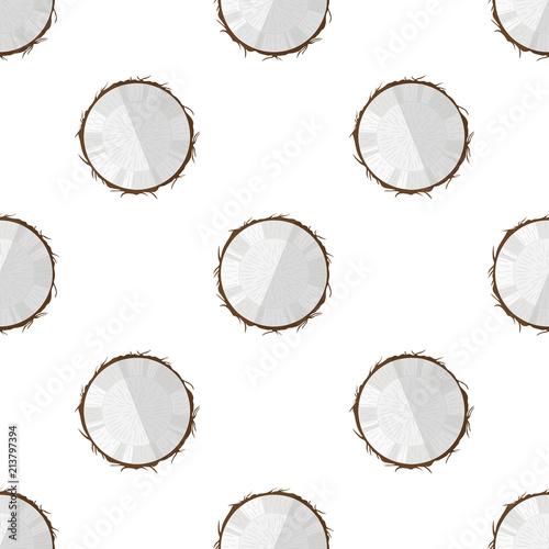 Vector illustration of a slice of coconut on a light background. Bright fruit seamless pattern with a picture of tropical coconut.