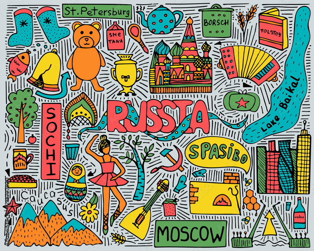 Obraz premium Hand-drawn color doodle poster with Russian sights and symbols.