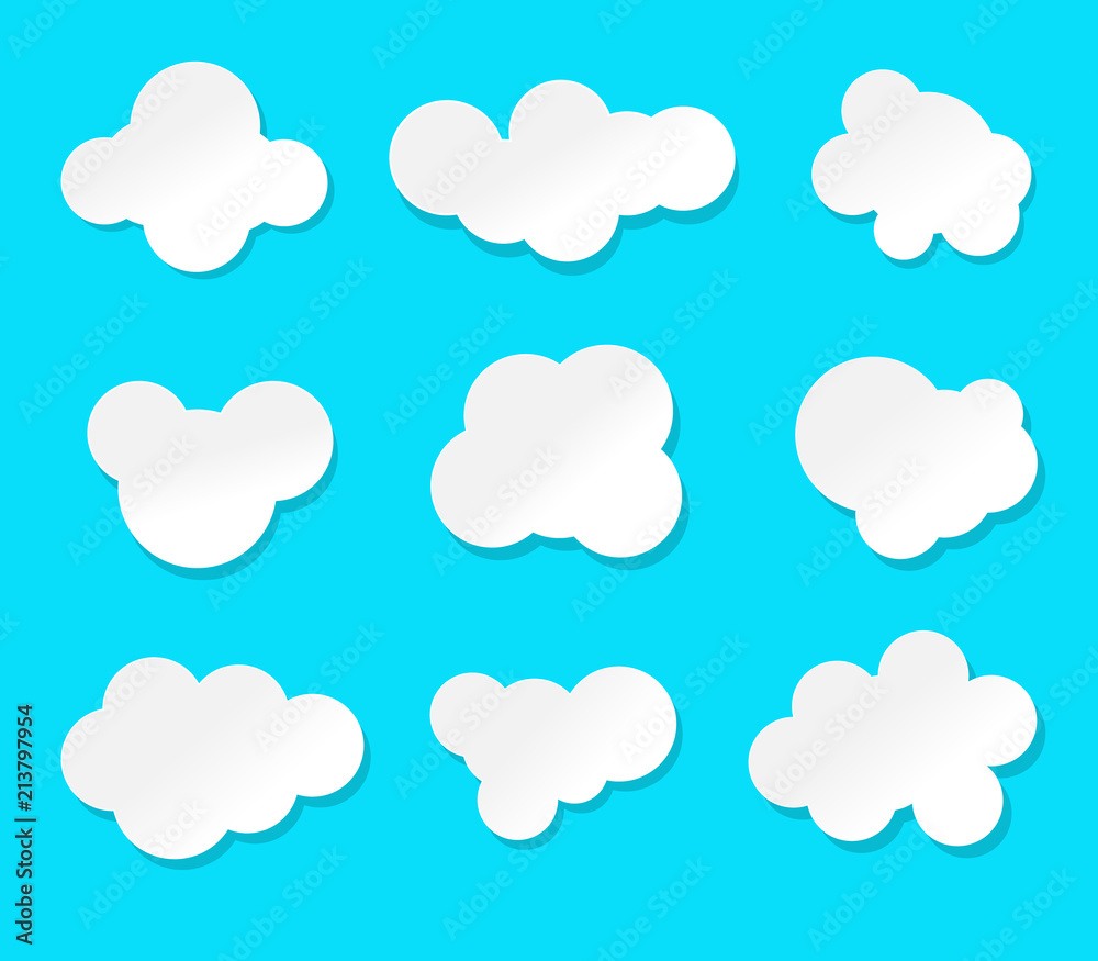 Set of cartoon clouds isolated on a blue background. paper art vector illustration. Set of cartoon clouds isolated on a blue background. paper art vector illustration.