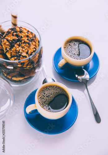 hot coffee, chocolate and cookies in morning © kozirsky