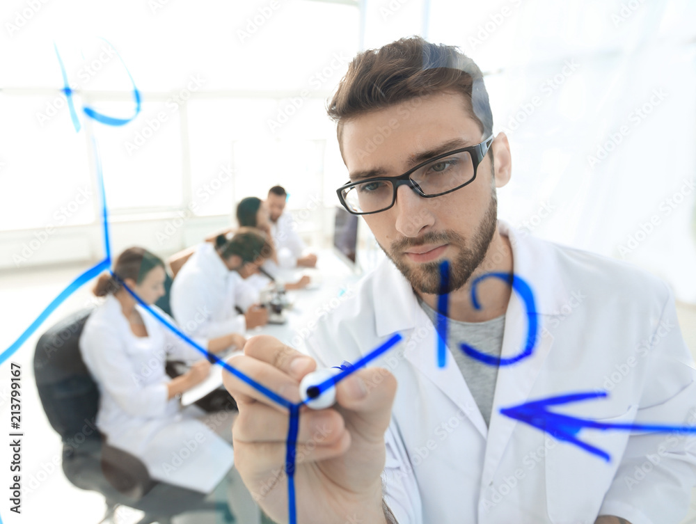 from behind the glass.scientist writes a marker on a glass Board.