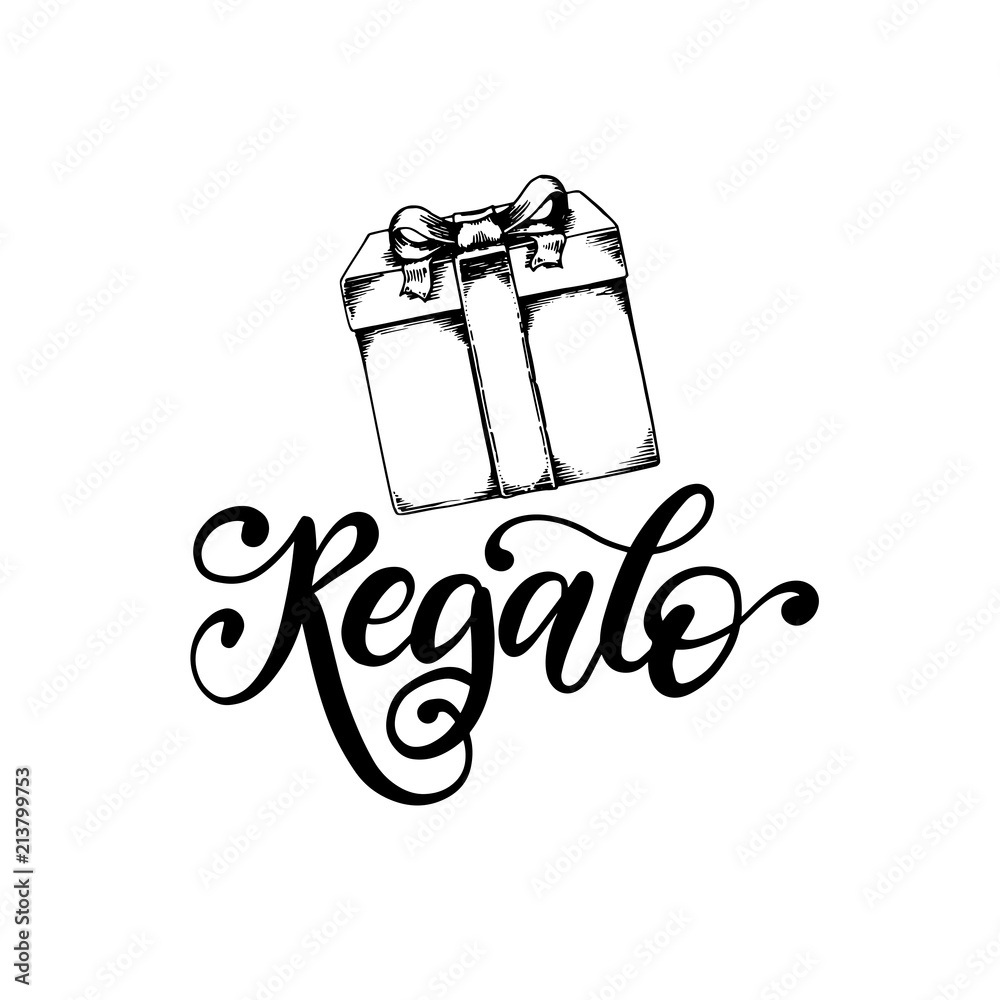Regalo, vector hand lettering. Translation from Spanish of word Gift.  Vector calligraphy on gift box background. Stock Vector | Adobe Stock