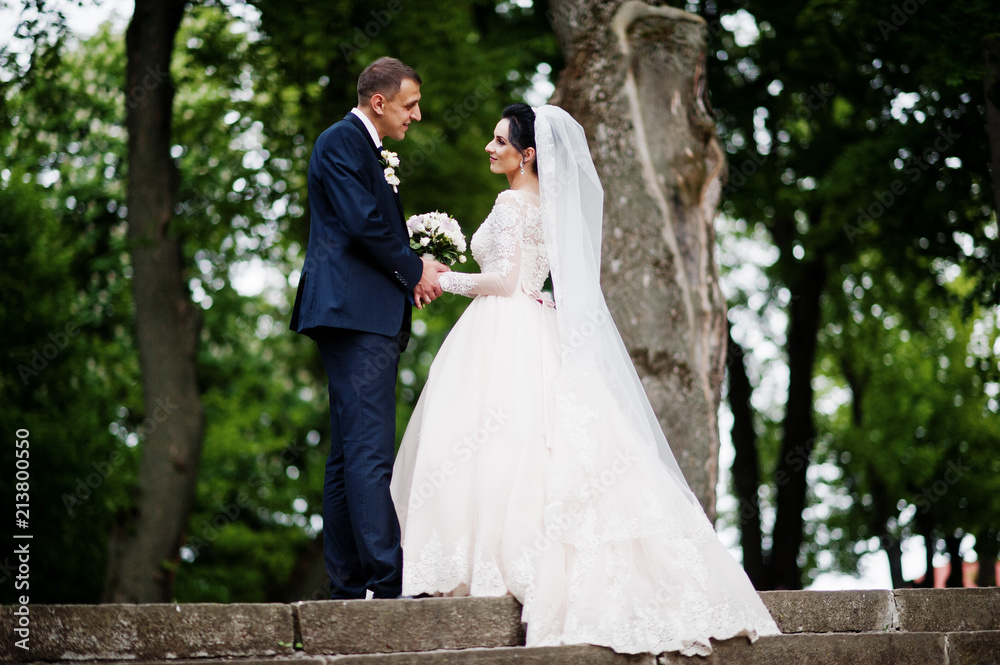 Gorgeous and happy newly married couple standing in green park on their wedding day.