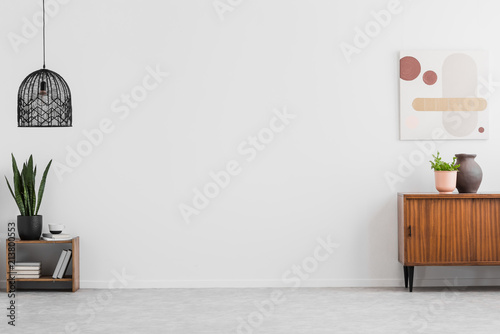 Fotografie, Obraz Retro, wooden cabinet and a painting in an empty living room interior with white walls and copy space place for a sofa