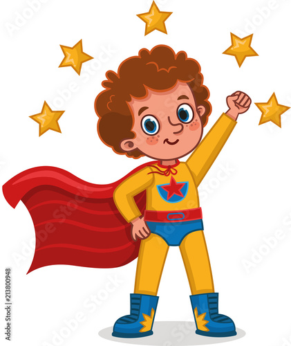 Vector illustration of superhero boy standing with a superhero pose. Isolated cartoon.