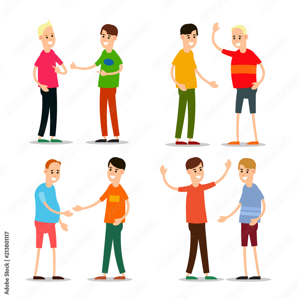 Set young man standing and greet each other. Group of young people. Funny cartoon guy in various poses. Cartoon illustration isolated on white background in flat style