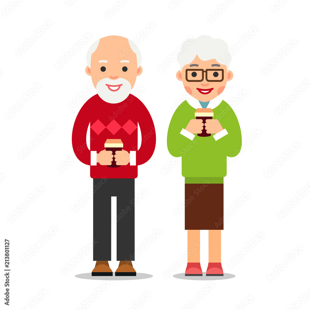 Old people drinking coffee. Elderly persons, man and woman standing and holding coffee cups. Cartoon illustration isolated on white background in flat style