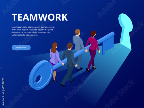Isometric Business Success Key Concept. Business teamwork key of success concept. Group of people lifting key to success. Vector illustration.