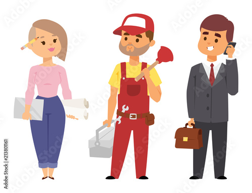 People different professions vector illustration. Success teamwork diversity human work lifestyle. Standing successful young professions person character in uniform