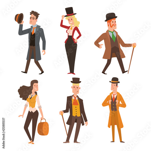 Vintage victorian cartoon gents retro people vector. Style fashion old people victorian gentleman clothing antique century character victorian gent people vintage wild west man and woman style