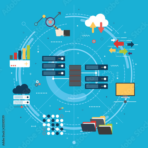 Network server of computers and business intelligence.Database security system. Backup data traffic analysis. Big Data and cloud computing banner concept with icons in flat design vector illustration.