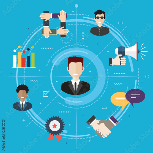 Care in business management and quality of service delivery. Evaluation and after sales support of the product purchase. Customer relationship concept with icons in flat design vector illustration.