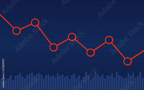 Abstract financial bar chart with red downtrend line graph on blue color background 