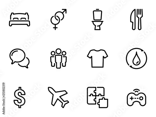 Set of black vector icons, isolated on white background, on theme Human needs