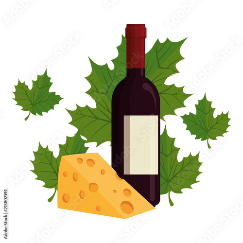 wine bottle with leafs and cheese