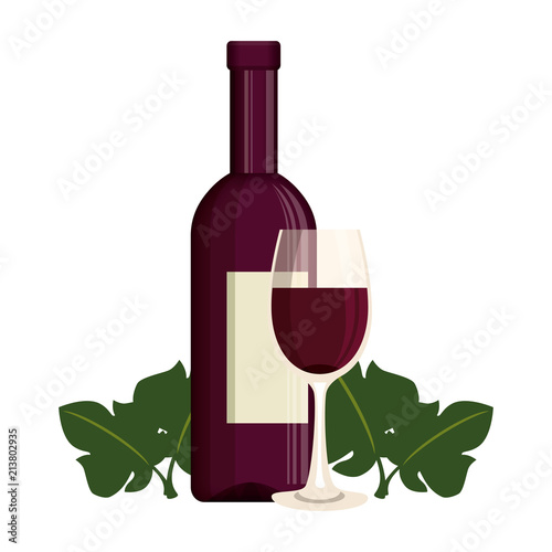 wine bottle and cup with leafs