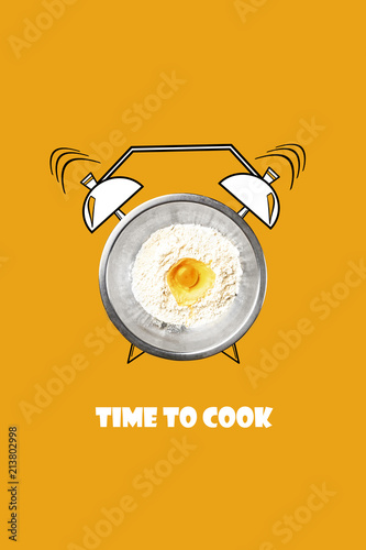 Time to cook. Breakfast time. Flour and egg in a white bowl and painted alarm clock. Concept. Illustration