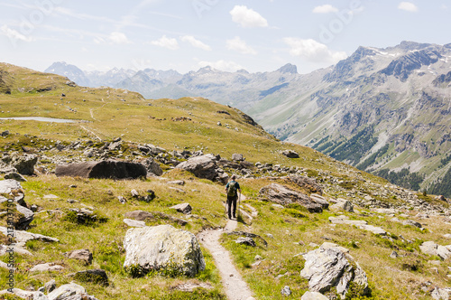 Sils, Höhenweg, Corvatsch, Furtschellas, Wasserweg, Wanderweg, Wanderer, Bergsee, Oberengadin, Alpen, Piz Lagrev, Sommer, Graubünden, Schweiz  photo