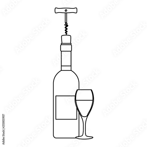 wine bottle silhouette with corkscrew and cup