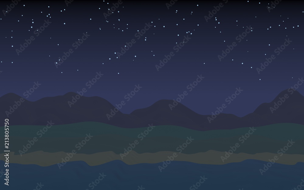 Starry moonless sky. Ocean shore line with waves on a beach. Island beach paradise with waves. Vacation, summer, relaxation. Seascape, seashore. Minimalist landscape, primitivism. 3D illustration