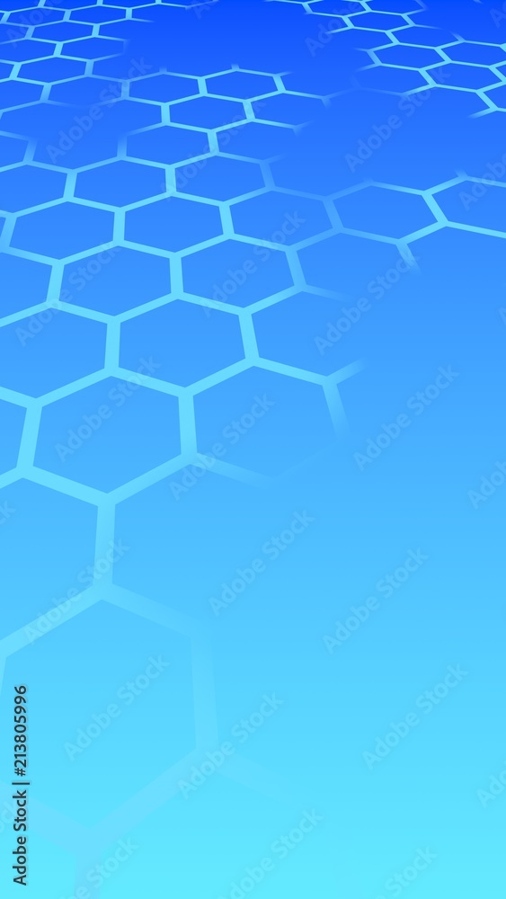 Translucent honeycomb on a gradient blue sky background. Perspective view on polygon look like honeycomb. Isometric geometry. Vertical image orientation. 3D illustration Translucent honeycomb on a gradient blue sky background. Perspective view on polygon look like honeycomb. Isometric geometry. Vertical image orientation. 3D illustration