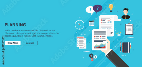 Report with investment data and graphs of growth on sheet of paper in the hands of a businessman. Contact agenda icon, speech bubble, documents and business icons. Flat design vector illustration.