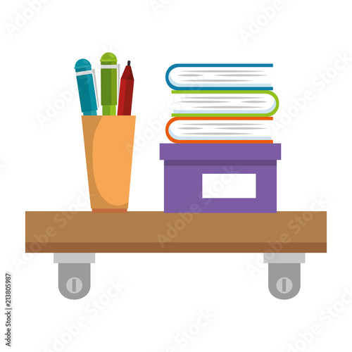 shelf with pencil holders and books