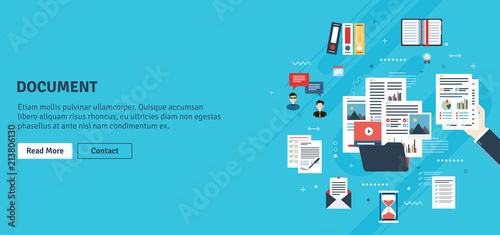 Folder with finance documents, data file, video and photo. Hands with data sheets in analysis. Contract agreement signature. Business paperwork organization concept in flat design vector illustration.