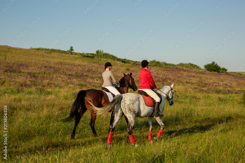 Horseback riders. Two attractive women ride horses on a green meadow Horseback riders. Two attractive women ride horses on a green meadow
