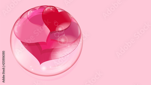 a lot of red hearts inside a transparent ball on a pink background, soap bubble
