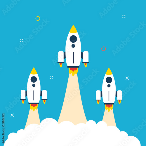 Vector rocket launch and smoke in background blue. Concept of startup project, innovation business, new idea, growth strategy. Rocket icon for infographic in flat design vector illustration.