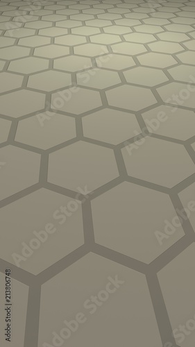 Honeycomb with color lighting  on a gray background. Perspective view on polygon look like honeycomb. Isometric geometry. Vertical image orientation. 3D illustration