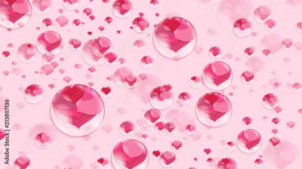 a lot of red hearts inside bubbles on a pink background soap bubble a lot of red hearts inside bubbles on a pink background soap bubble