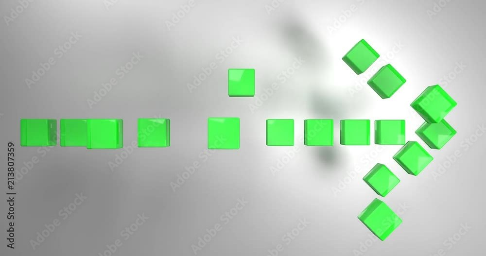 Grüne Würfel fallen von oben herab und bilden am Boden einen Pfeil, der nach rechts zeigt.