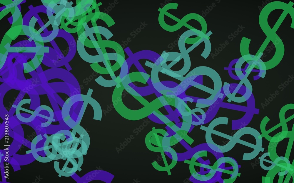 Multicolored translucent dollar signs on dark background. Green tones. 3D illustration