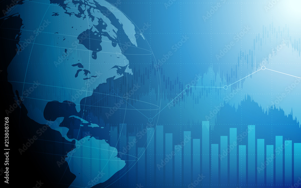 abstract financial bar chart in stock market and wireframe globe on blue color background